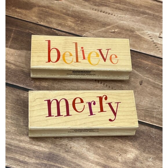 SET OF 2 HOLIDAY THEMED WOOD MOUNTED RUBBER STAMPS BY HERO ARTS BELIEVE MERRY - Picture 1 of 5